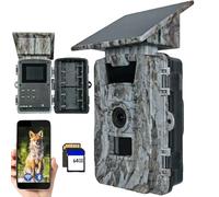 EMEBAY Cámara de Caza Solar Tarjeta SD de 64GB, 4K 60MP WiFi Cámara de Caza | Batería Recargable 5200mAh, Cámara de Fototrampeo con Visión Nocturna Infrarroja, Detección de Movimiento, IP66