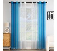 EMEMA Cortina Gradiente Horizontal Translúcida Visillo Moderno Degradado Gasa para Ventanas Habitación Dormitorio Cocina Sala de Estar 2 Piezas 140x175cm Azul Oscuro