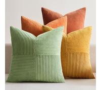 EMEMA - Juego de 4 fundas de cojín de terciopelo acanalado - Motivo de patchwork de otoño - 50 x 50 cm - Para sofá, sillón, casa, dormitorio - Naranja/verde