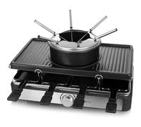 Emerio Diversión de fiesta para hasta 8 personas con esta combinación 3 en 1 de parrilla de raclette y fondue de queso para un placer de barbacoa variado, incluye 8 sartenes, 8 espátulas, 6 tenedores