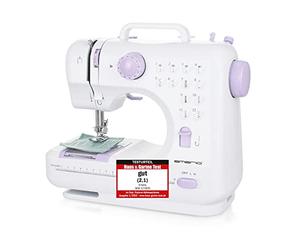 Emerio Máquina de coser para niños y principiantes, SEW-121820, 12 patrones de puntadas, mini con pedal, alimentación y batería, hogar, luz LED, automático hacia delante y hacia atrás, blanco/rosa