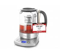Emerio WK-122248 Ganador de la prueba de tetera de vidrio con colador de té completamente automático de grado 1.3, vidrio de borosilicato de cierre suave, sin BPA, 1.7 l, selección de temperatura de volumen 2200 vatios, negro/plateado