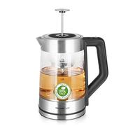 Emerio WK-122730, tetera de vidrio con selección de temperatura [50|70|80|90|100°C], hervidor eléctrico, colador manual de acero inoxidable extraíble, vidrio de borosilicato, sin BPA, volumen de 1,7