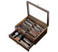 Emfogoo 2 Niveles Organizador de Navajas, Caja Vertical para Puñales con Tapa Transparente y Cajones, Exponer Vitrina Colección para Dagas, Almacenamiento y Exhibición, Regalo (Nogal)