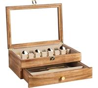Emfogoo Cuberteros para Cajon Cocina, 2 Pisos Organizador Cubiertos de Madera, Cubertero Decorativo de Plata con Tapa de Cristal, , para Cucharas Tenedores Cuchillos, 14.5 × 10.6 Inch (Marrón Vintage)