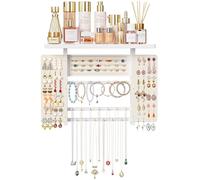 Emfogoo Organizador Joyas en Pared, 4 Niveles Madera Expositor de Joyas, Soporte de Joyero con Estante y 20 Ganchos, Anillos, Pendientes, Pulseras, Collares (Blanco)