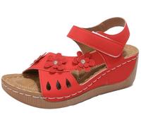 EMGILL Sandalias de cuña con diseño de flores para mujer, correa al tobillo, puntera abierta, zapatos de verano, cómodas, informales, sandalias de plataforma para caminar, Rojo, 38 EU