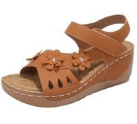 EMGILL Sandalias de cuña con diseño de flores para mujer, correa al tobillo, puntera abierta, zapatos de verano, cómodas, informales, sandalias de plataforma para caminar, Marrón, 41.5 EU