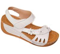 EMGILL Sandalias de cuña con diseño de flores para mujer, correa al tobillo, puntera abierta, zapatos de verano, cómodas, informales, sandalias de plataforma para caminar, Blanco, 41.5 EU
