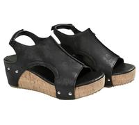 EMGILL Sandalias de cuña de corcho para mujer, 2025, puntera abierta, hebilla y correa al tobillo, cómodas, bohemias, sandalias de playa de verano, Negro, 38.5 EU