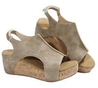 EMGILL Sandalias de cuña de corcho para mujer, 2025, puntera abierta, hebilla y correa al tobillo, cómodas, bohemias, sandalias de playa de verano, Gris claro, 39.5 EU