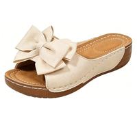 EMGILL Sandalias de cuña para mujer, estilo bohemio, con lazo, plataforma elegante, puntera abierta, cómodas, informales, para caminar, para verano y playa, Beige, 35.5 EU