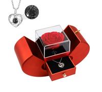 Emibele Flor Rosa Real Encantada + Collar de Corazón con Te Amo en 100 Idiomas, Rosa Preservada Eterna con Collar Caja de Regalo, Regalo Romántico para Novia Esposa en San Valentín Aniversario, Rojo