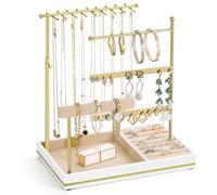 Emibele Porta Joyas de Pie, Organizador de Accesorios para Collares, Pendientes y Pulseras, Exhibidor de 5 Niveles con Bandeja, Presentador Elegante para Regalo Mujer, Oro