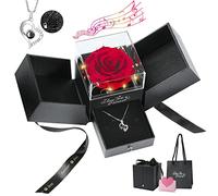 Emibele Rosa Roja Real Conservada con Collar Plata Esterlina S925, Rosa Eterna con Collar Te Amo en 100 Idiomas, Caja de Rosas con Música y Luces, Regalos Románticos para Mujeres Esposa Mamá Abuela