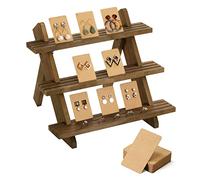 Emibele Soporte para Exhibición de Joyas, Soporte para Joyas de Madera de 3 Niveles con Almohadillas Antideslizantes Ranuras y 50 Tarjetas, Organizador de Madera Rústico Pendiente, Marrón