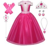 Emin Niña Vestido de Princesa Aurora con Accesorios Disfraz de Bella Durmiente Vestido de Aurora Cumpleaños Cosplay Halloween Navidad Carnaval Bautizo Vestirse Chica Rosa, 100