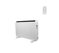 Emisor térmico 1800W en aluminio blanco, con control remoto, LCD y temporizador, ideal para calefacción en hogar o oficina.
