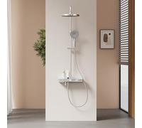 EMKE Columna de ducha con termostato, cromado, iluminación LED, juego de ducha efecto lluvia con 3 modos de chorro, ducha de mano + ducha de lluvia + salida inferior