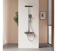 EMKE Columna de Ducha Termostática,1127x460x360mm,Ducha de Lluvia,Ducha de Mano 3 Funciones,Altura Ajustable 797-1127mm,Antracita Mate,Cuerpo de Cobre y Panel de Vidrio, Diseño Moderno