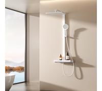 EMKE Columna de Ducha Termostática, 4 en 1, Barra de Ducha con Placa Termostática de 40 cm, Ducha Efecto Lluvia Termostática, Blanco Mate, 1050x401x573 mm