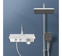 EMKE Columna de ducha termostática, alcachofa de ducha con 3 potencias de chorro, chorro en cascada, set de columna de ducha, set de ducha con estante de vidrio, Certificación KTW,Cromo