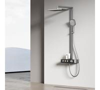 EMKE Columna de ducha termostática- Antracita mate, ajuste innovador del flujo, ducha efecto lluvia 36 x 24 cm, ducha de mano con 3 chorros, barra de ducha y manguera, instalación fácil