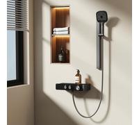 EMKE Columna de ducha termostática-antracita mate, flujo de agua ajustable, diseño minimalista separado, ducha de mano 3 funciones, kit de ducha para baños pequeños