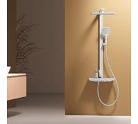 EMKE Columna de Ducha Termostática, Cabezal de Ducha Grande de 360mm, Barra de Elevación Ajustable, 4 Funciones Ducha de Mano, Ajuste de Caudal de Agua,402x573x1050mm, Blanco Mate