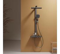 EMKE Columna de Ducha Termostática, Cabezal de Ducha Grande de 360mm, Barra de Elevación Ajustable, 4 Funciones Ducha de Mano, Ajuste de Caudal de Agua,402x573x1050mm, Antracita Mate