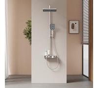 EMKE Columna de ducha termostática, ducha de 3 niveles con chorro de cascada, juego de columna de ducha, juego de ducha con estante de cristal, certificación KTW, cromo