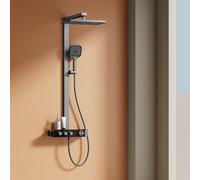 EMKE - Columna de ducha termostática, ducha de lluvia de 360 mm, ducha de mano 3 funciones, regulador de flujo de agua ajustable, barra deslizante sin fin, instalación fácil, antracita mate