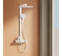 EMKE - Columna de ducha termostática, ducha de lluvia de 360 mm, ducha de mano 3 funciones, regulador de flujo de agua ajustable, barra deslizante sin fin, instalación fácil, blanco mate
