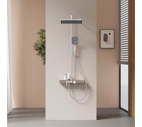 EMKE Columna de Ducha Termostática, Ducha de Lluvia y Ducha Manual, Altura Ajustable 816-1146mm, Cromado, set de ducha con estante de vidrio, 1146x450x480mm