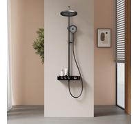 EMKE - Columna de ducha termostática, ducha de mano, 3 funciones, cabezal de ducha extra grande de 260 mm, ajuste del flujo de agua, 355 x 400 x 1100 mm, negro mate