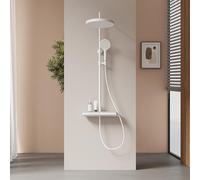 EMKE Columna de Ducha Termostática, Ducha de Mano con 3 Modos de Chorro, Placa Termostática de 40 cm, Blanco Mate,Altura Adjustable 855-1155mm,Ducha de Lluvia,temperatura constante en 38°C