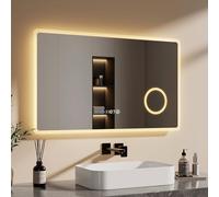 EMKE Espejo baño con luz 100x60cm，con Interruptor táctil y Lupa 3X y Reloj y 3 Colores de Luz 3000K/4000K/6500K,Espejos de baño con led