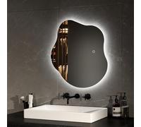 EMKE Espejo Baño con Luz 50 x 45 cm, sin Marco, Asimétrica,Espejo de Baño con Interruptor Táctil, Antivaho, Función de Memoria, Apagado Automático en 3 Horas, 3 Colores de Luz