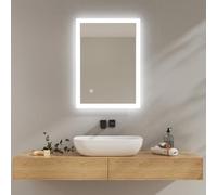 EMKE Espejo Baño con Luz 50x70 cm, Blanca fría, Espejo Mural con Interruptor táctil, IP44, Ahorro de energía Espejo de Baño, Espejo baño led