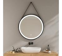 EMKE Espejo Baño con Luz 60 cm Diámetro, Espejo Baño LED Redondo con Interruptor tactil + Función de Memoria, Marco Negro + Bandolera Ajustable Espejo Pared Modelo C