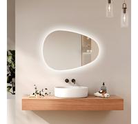 EMKE Espejo Baño con Luz, Espejo LED Asimétrico 80 x 60 cm, Antivaho, Interruptor Táctil, 3 Colores de Luz Ajustables, Ahorro de Energía,Instalación Flexible de 360°