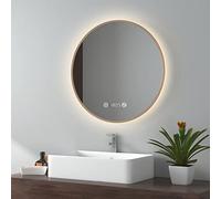 EMKE Espejo baño Redondo con luz, diámetro 60cm, luz Neutra 4300K, Marco Dorado Cepillado, Espejo baño con Interruptor táctil, antivaho, Reloj, indicador de Temperatura, Regulable