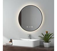 EMKE Espejo baño Redondo con luz, diámetro 60cm, luz Neutra 4300K, Marco Negro, Espejo baño con Interruptor táctil, antivaho, Reloj, indicador de Temperatura, Regulable