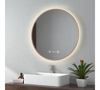 EMKE Espejo baño Redondo con luz, diámetro 70cm, luz Neutra 4300K, Marco Dorado Cepillado, Espejo baño con Interruptor táctil, antivaho, Reloj, indicador de Temperatura, Regulable