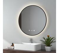 EMKE Espejo baño Redondo con luz, diámetro 70cm, luz Neutra 4300K, Marco Negro, Espejo baño con Interruptor táctil, antivaho, Reloj, indicador de Temperatura, regulablemoria