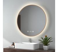 EMKE Espejo baño Redondo con luz, diámetro 80cm, luz Neutra 4300K, Marco Dorado Cepillado, Espejo baño con Interruptor táctil, antivaho, Reloj, indicador de Temperatura, Regulable