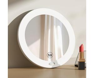 EMKE Espejo cosmético con iluminación con Espejo de Aumento de 5 aumentos, Espejo de Maquillaje LED Blanco con Ventosa, 165 mm de diámetro portátil de Pared Funciona con Pilas