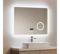 EMKE Espejo de baño Bluetooth con luces LED de 800 x 600 mm, espejo de baño LED con altavoz Bluetooth, almohadilla antivaho calentada, función de atenuación, espejo de maquillaje iluminado con 3 lupas