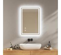 EMKE Espejo de baño con iluminación 50x70 cm, antiniebla, Interruptor táctil, Espejo de baño Blanco frío Regulable, función de Memoria, Apagado automático después de 3 Horas, Espejo LED