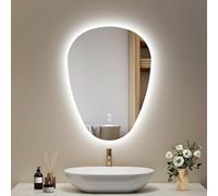 EMKE Espejo de baño con iluminación, 70 x 50 cm, Espejo asimétrico con Tacto, 3 Colores de luz Regulable, antivaho, Espejo de baño con iluminación, IP44, Ahorro de energía, Espejo de baño LED